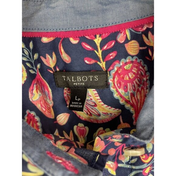 Talbots Navy Pink Paisley Floral Button Up Collared Blouse Top Size LP - Picture 4 of 6